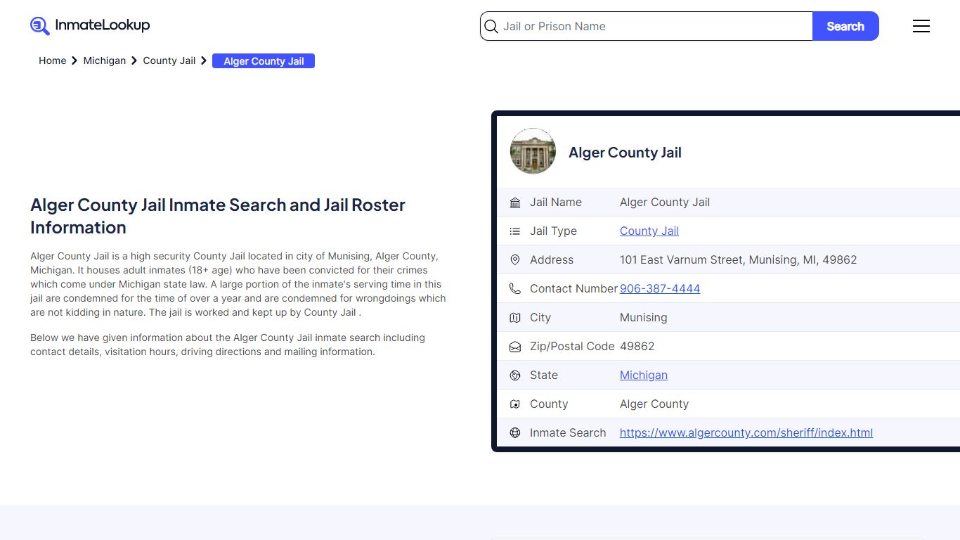 Alger County Jail Inmate Search and Jail Roster Information - Inmate Lookup