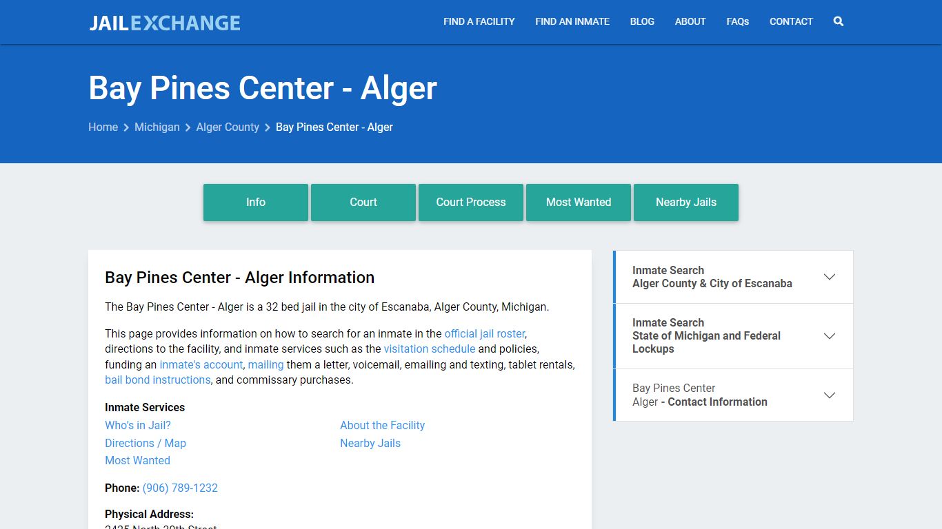 Bay Pines Center - Alger, MI Inmate Search, Information - Jail Exchange