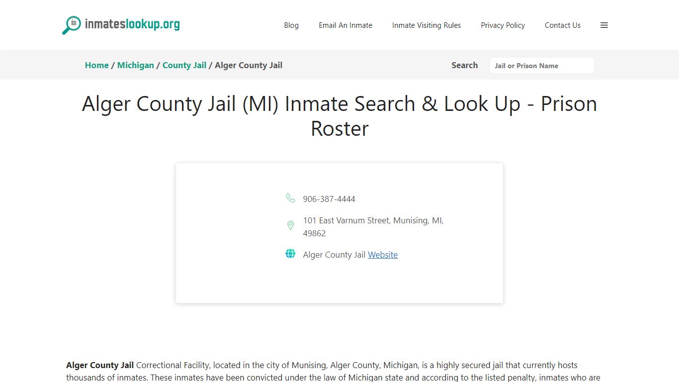 Alger County Jail (MI) Inmate Search & Look Up - Prison Roster